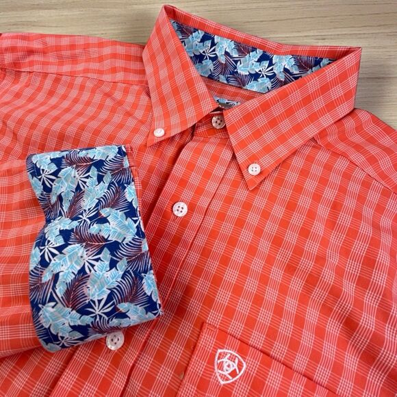 Ariat Shirt Mens Medium Orange Plaid Flip Cuff Western Cowboy Button Down Fitted - Picture 1 of 10